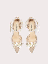 Champagne floral pearl heel sandals styled for wedding and evening looks
