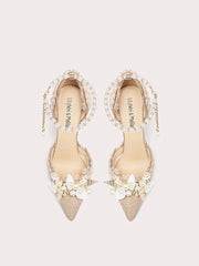 Champagne floral pearl heel sandals styled for wedding and evening looks