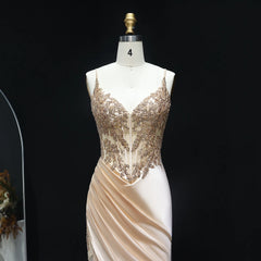 Full-length satin mermaid evening gown with slit and draped detailing