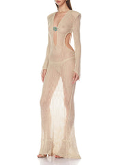 Deep V neckline and front cutout effect on a champagne beaded knit sheath dress, creating a sculpted, elongated look.