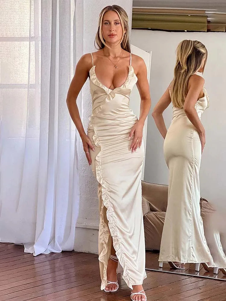 Champagne satin maxi dress with ruffle detail for evening events