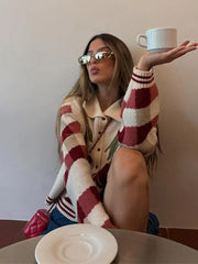 Cherry-embroidered button-front knit cardigan with a round neckline