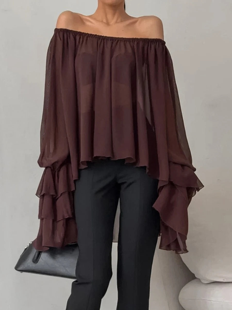 Chocolate brown flow sleeve blouse perfect for nights out and seasonal edits