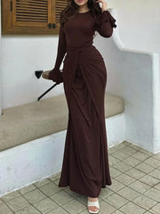 Chocolate butterfly sleeve maxi dress styled for fall streetwear
