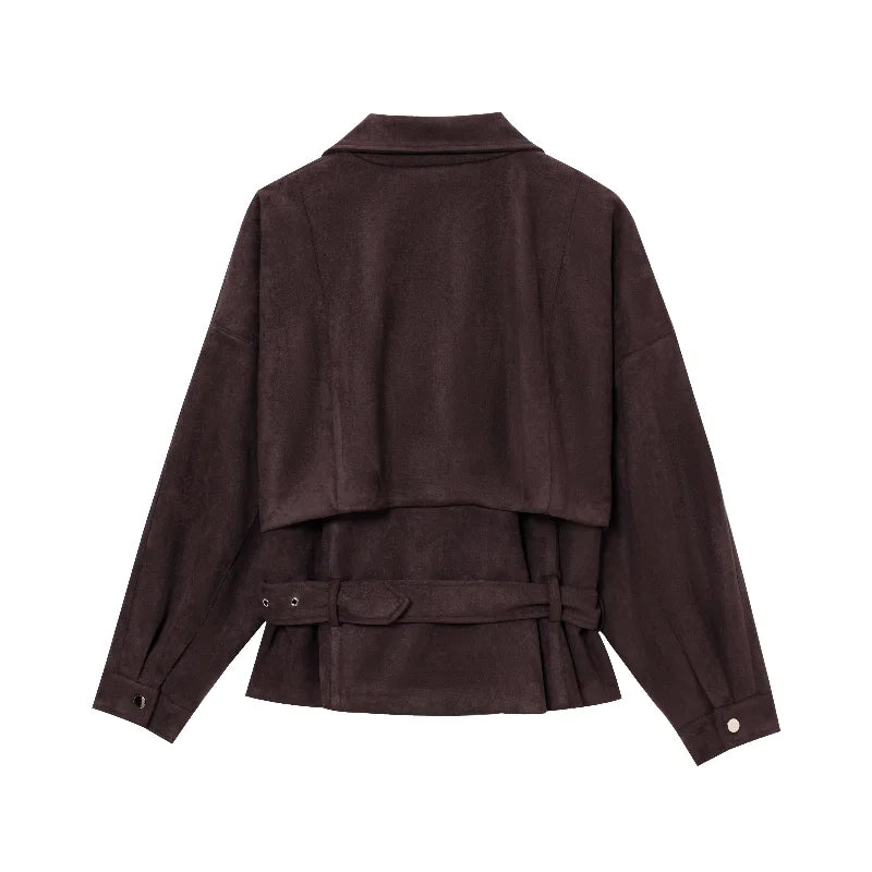 Chocolate suede vintage jacket shown as outerwear for trendy fall looks