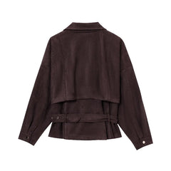 Chocolate suede vintage jacket shown as outerwear for trendy fall looks