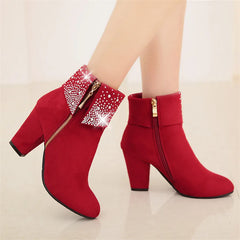 Red flock ankle boots with plush lining