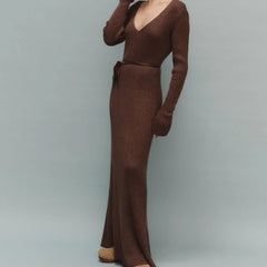 Classic brown V-neck lounge dress with a belt for modern style