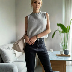 Woman in a gray sleeveless sweater and black jeans standing in a living room.