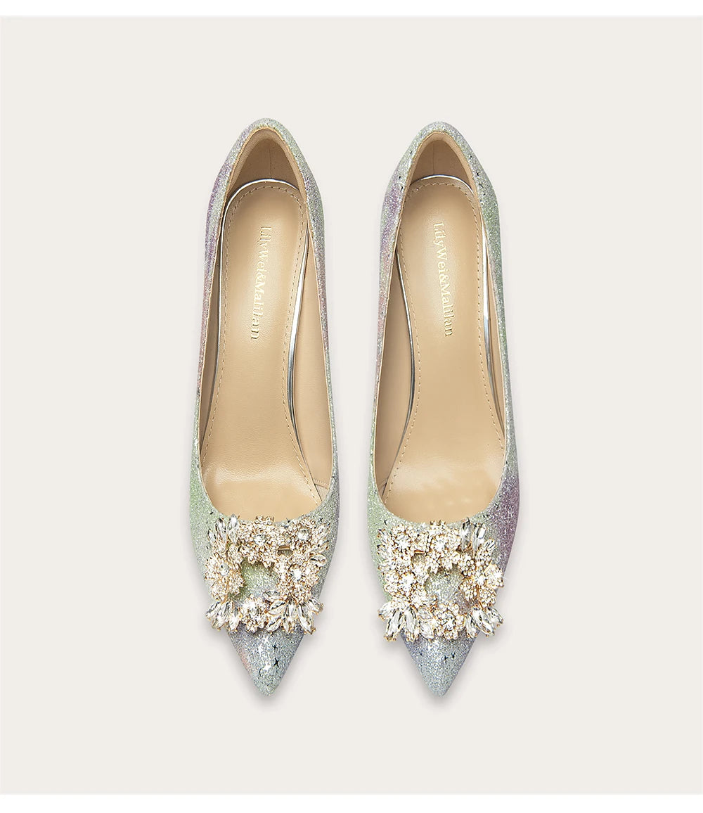 Color sequin rhinestone wedding pumps with pointed toe