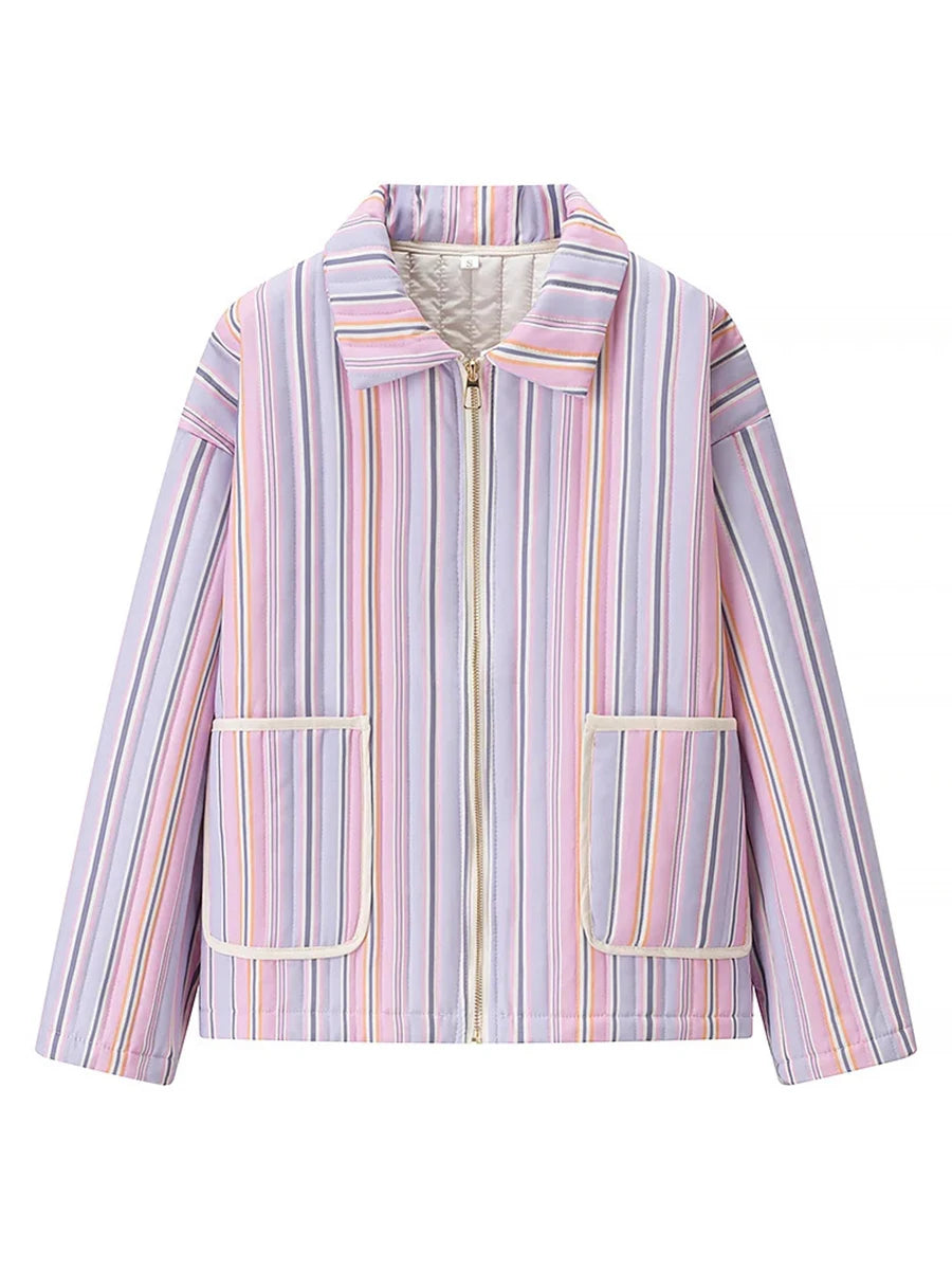 Colorful zip jacket in pastel stripes for street style looks