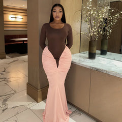 Long sleeve brown and pink contrast maxi dress