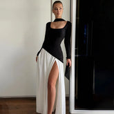 Contrast square neck split maxi dress styled for modern monochrome parties