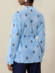 Cottagecore light blue print blouse with drawstring waist