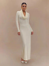 draped cowl neck knit maxi dress styled for elegant evening look