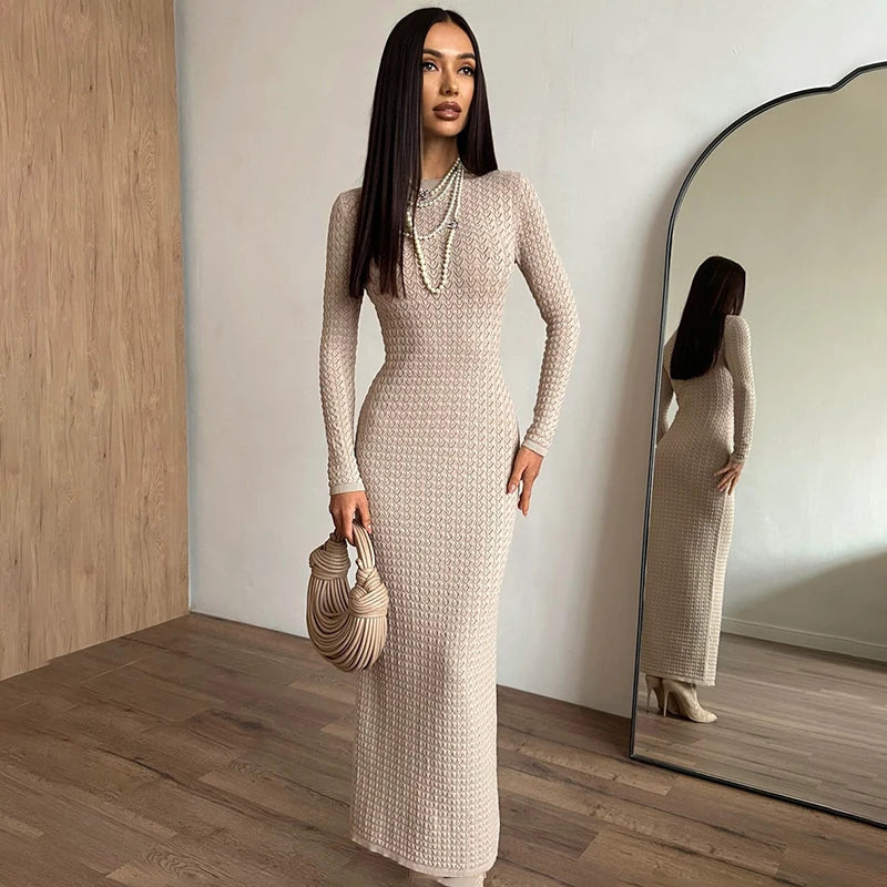 Cozy bodycon knit maxi dress with full sleeves for autumn parties