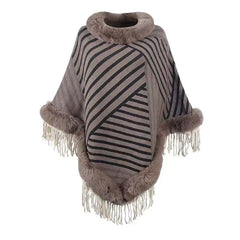 Thick striped shawl with faux fur detail