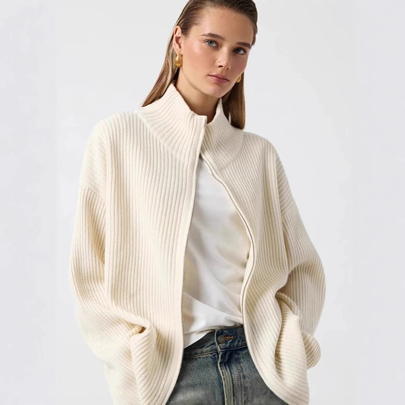 Cream ribbed zip turtleneck sweater styled for cozy autumn layering