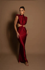 Crimson cutout evening gown styled for formal nights