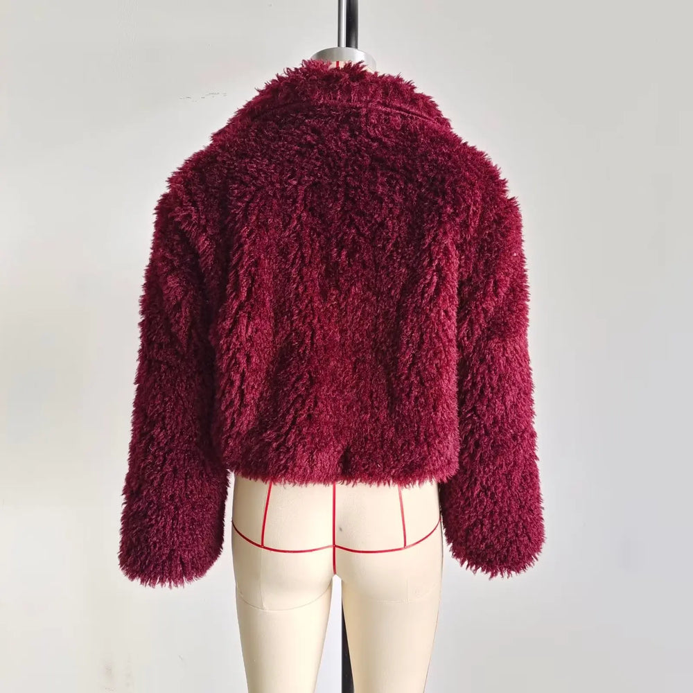 Cropped plush faux fur winter jacket styled for women
