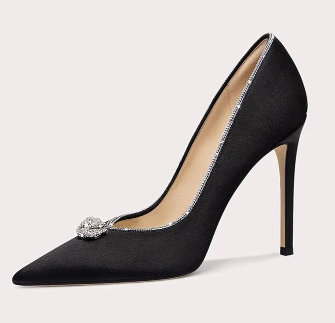 Crystal brooch evening shoes with pointed toe and high heel