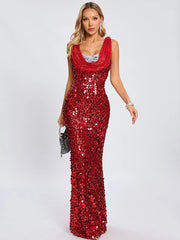 Crystal cowl party dress in floor length red featured for celebration occasions