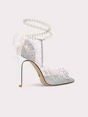 Crystal embellished bridal heels in silver with 3D floral appliqué
