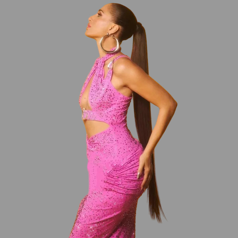 Embellished pink party dress with dramatic cutouts styled for events