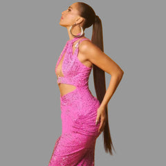 Embellished pink party dress with dramatic cutouts styled for events