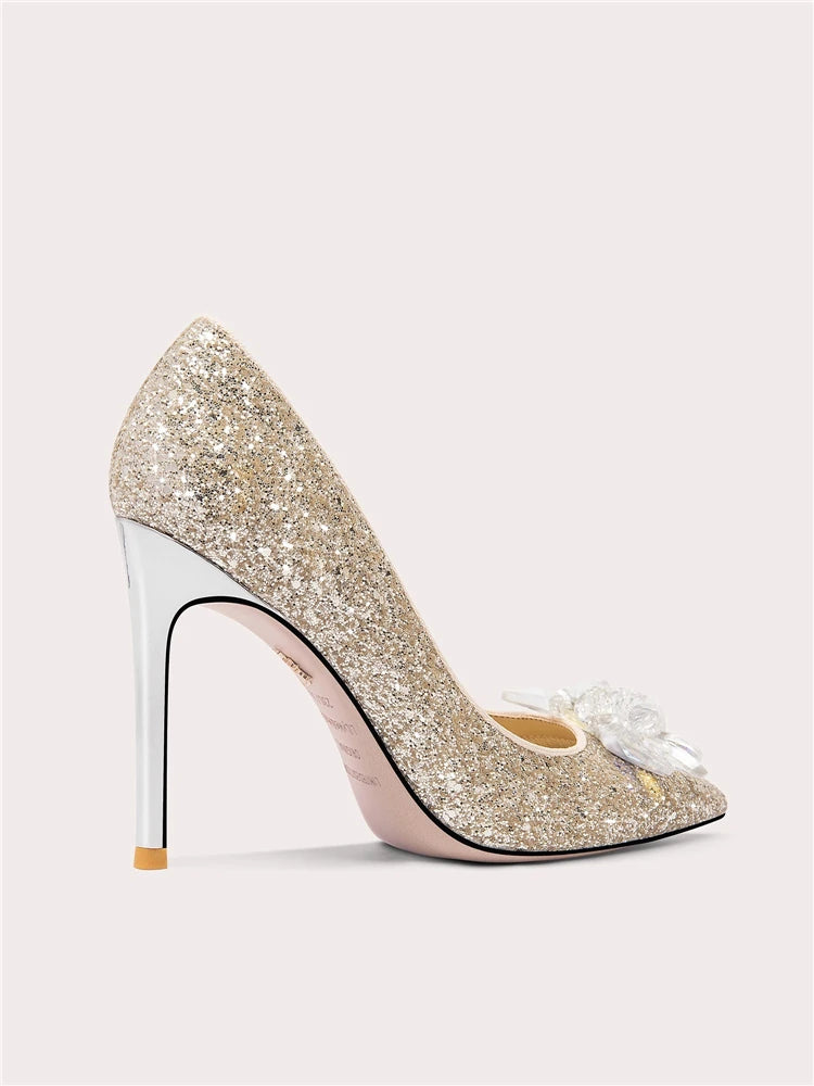 Crystal embellished pointed stilettos in gold for party events