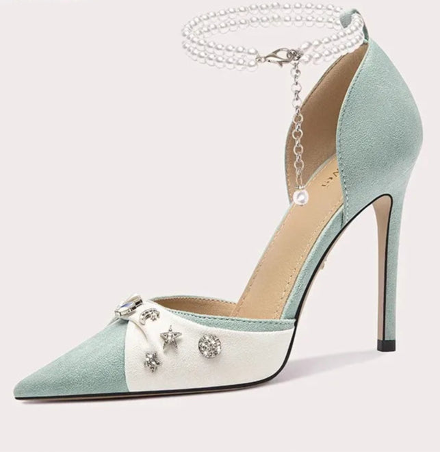 Crystal embellished stiletto shoes for women featuring a pointed toe