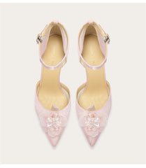 Pink crystal flower pointed toe stiletto sandals
