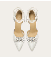 Crystal flower stiletto wedding sandals in white with pearl anklet