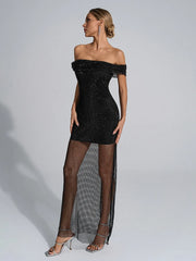Crystal mesh slim sheath gown with sexy slash neck