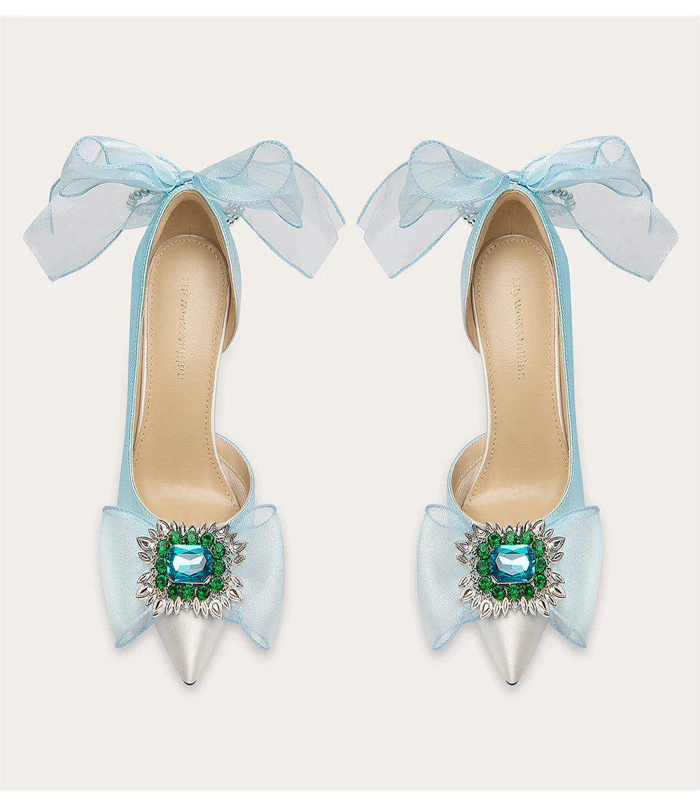 Crystal silk side-cut sandals with thin heel