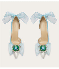 Crystal silk side-cut sandals with thin heel