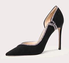 Elegant suede pointed toe high heels with crystal detail