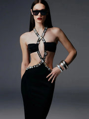 Cutout bodycon ankle length evening gown with backless design