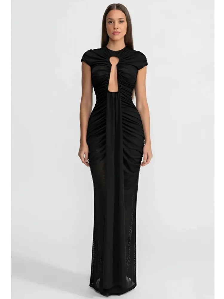 Black ruched maxi dress with a front cutout and short sleeves