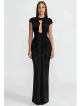Black ruched maxi dress with a front cutout and short sleeves