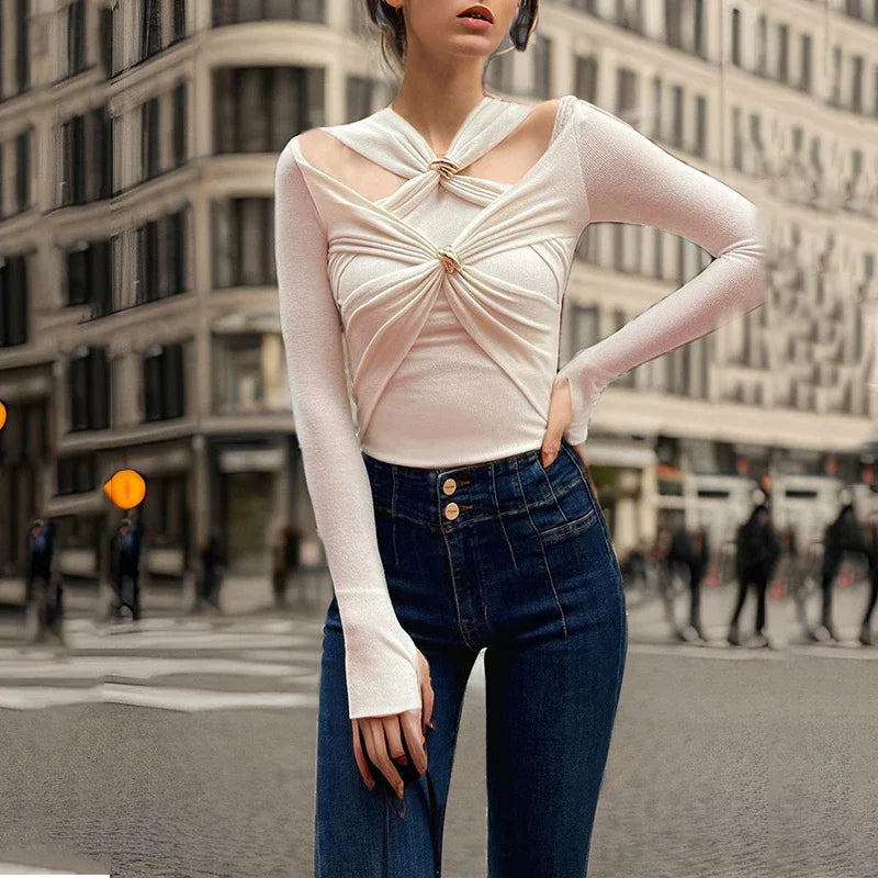 Cutout ruched v-neck top for women perfect for party or night out