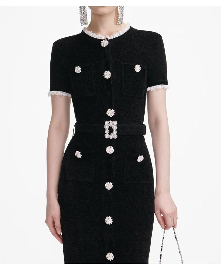 Stretch-knit evening dress with decorative buttons