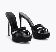 Pair of black crystal embellished stiletto platform heels