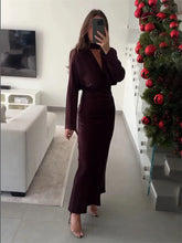 Deep burgundy satin ankle-length dress with V-neck and full sleeves