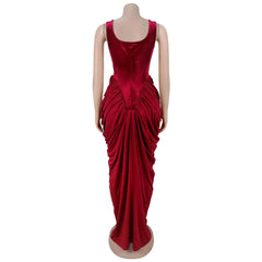 A deep red square-neck maxi dress with ruched drape at the hips.