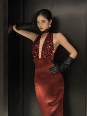 Close-up of the sequin bodice detail on a halter sheath gown