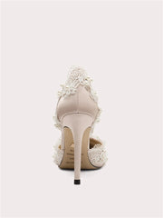 Delicate bridal lace spring heels with pointed toe design
