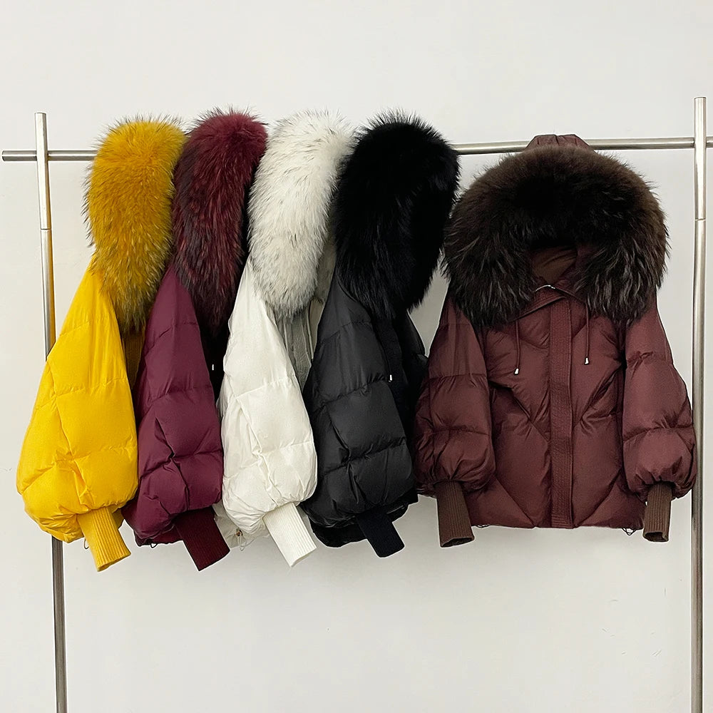 Five fur-hooded down puffer jackets in yellow, burgundy, white, black and brown displayed on a rack against a studio backdrop.