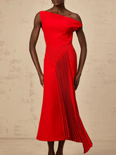 “Front view of diagonal neck off-shoulder midi dress with folded neckline”