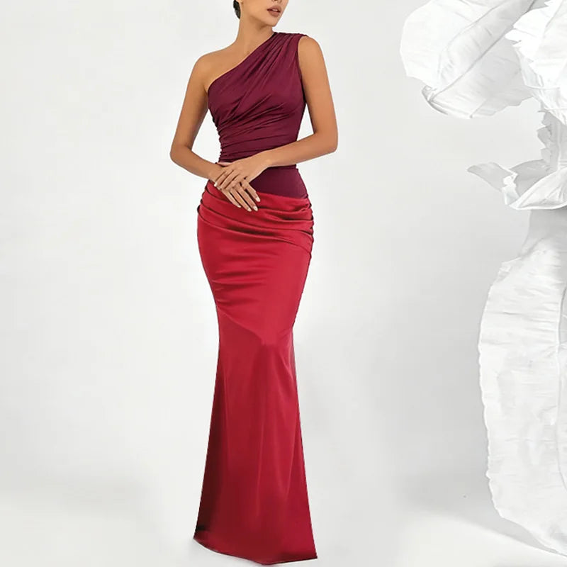 Elegant red diagonal neck slim fit maxi dress with panel draping